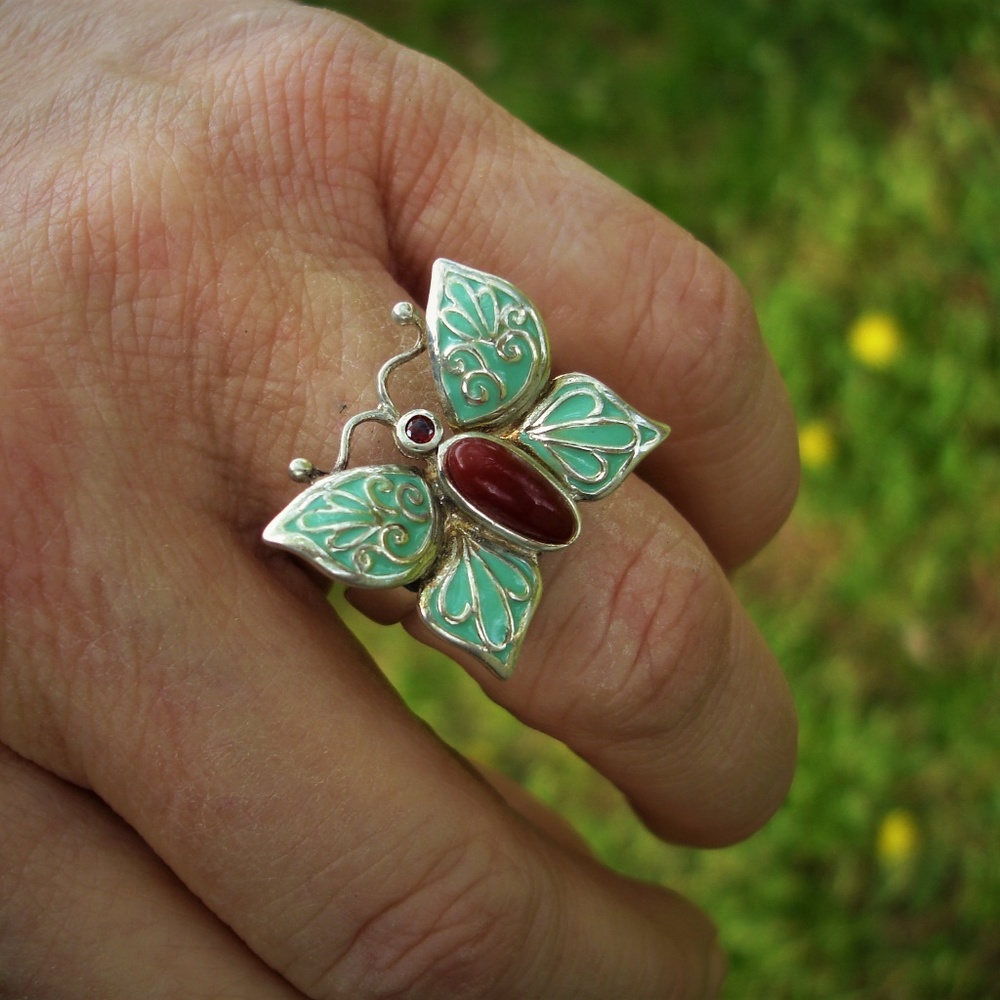 Butterfly ring in aqua, red agate, garnet sz 7 1/2